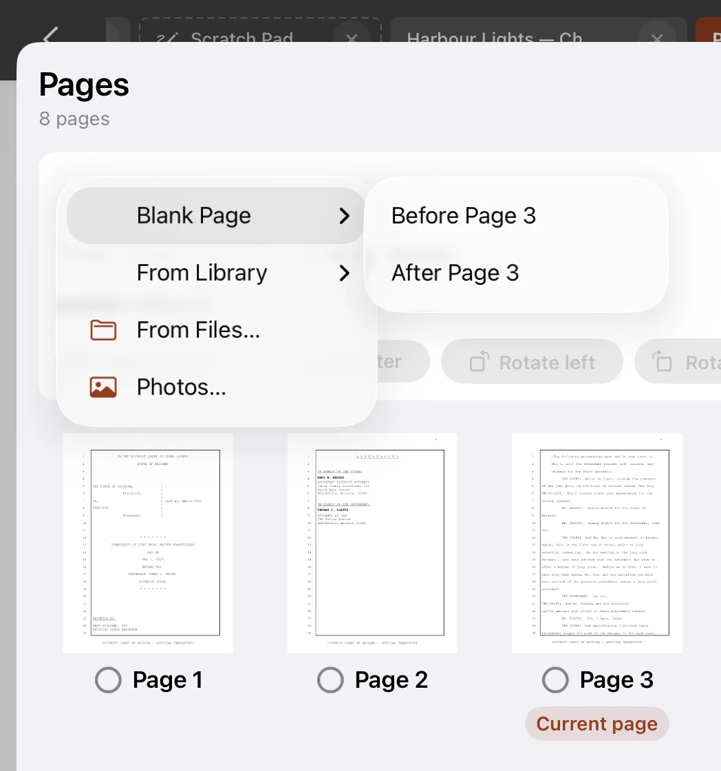 Add pages menu showing Blank Page, From Library, From Files, and Photos, with Before Page 3 and After Page 3 choices