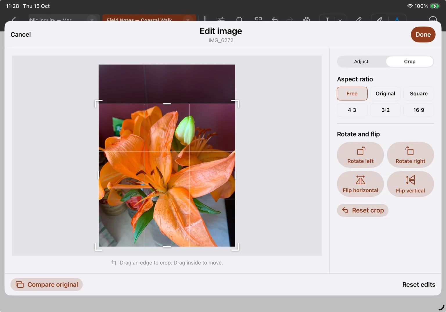 Edit image in Crop mode with crop handles and a grid over a flower, aspect-ratio choices, rotation and flip buttons, and Reset crop