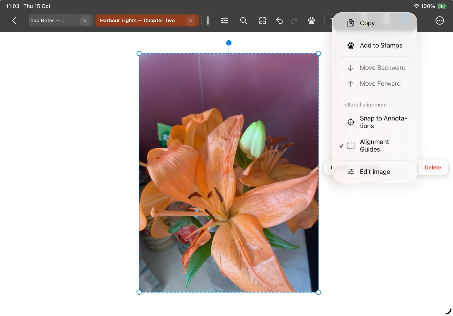 A selected flower image with resize and rotation handles, a contextual adjustment icon in the toolbar, and Edit image in the selection menu