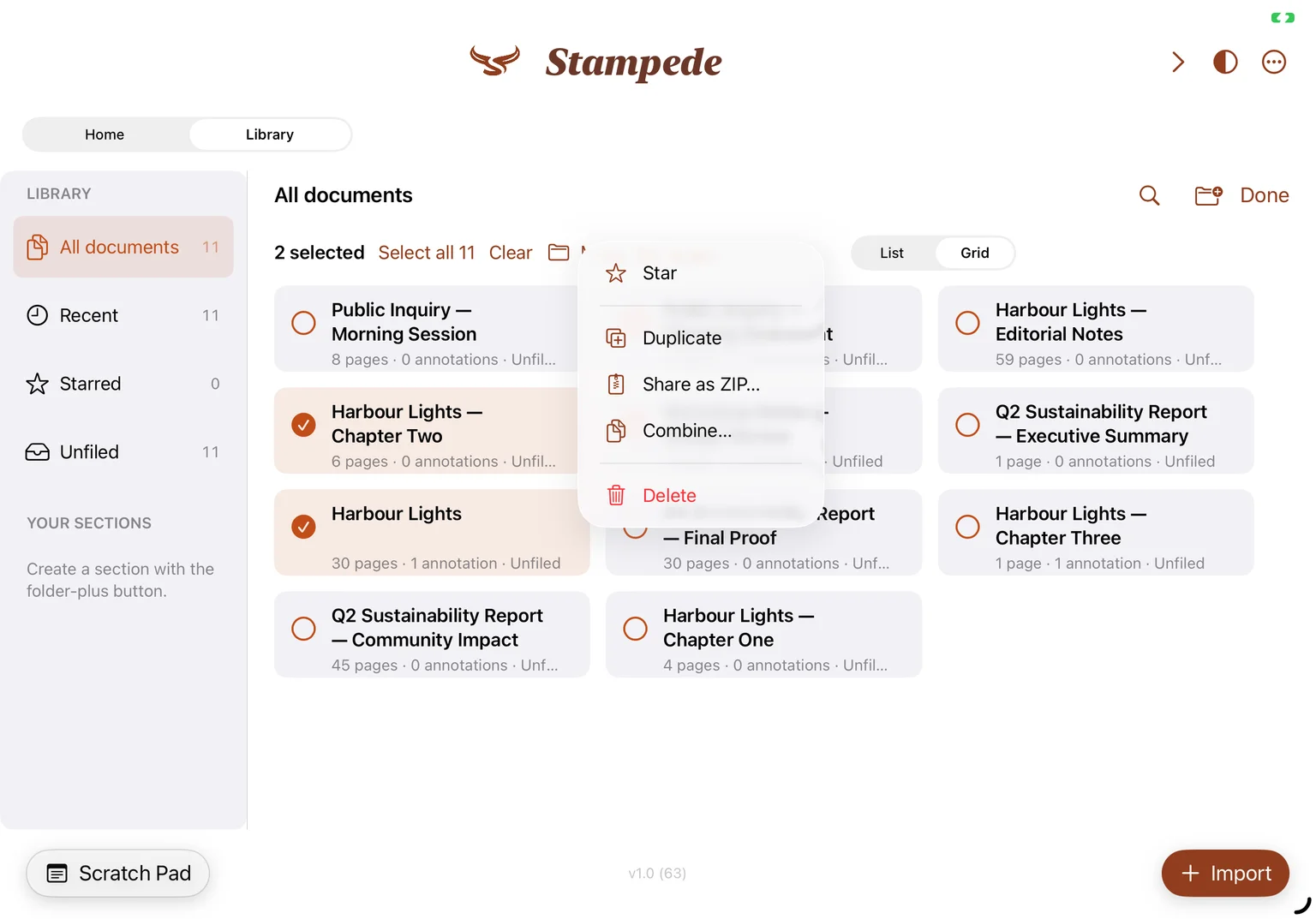 The Library Actions menu with Combine among the actions for two selected documents