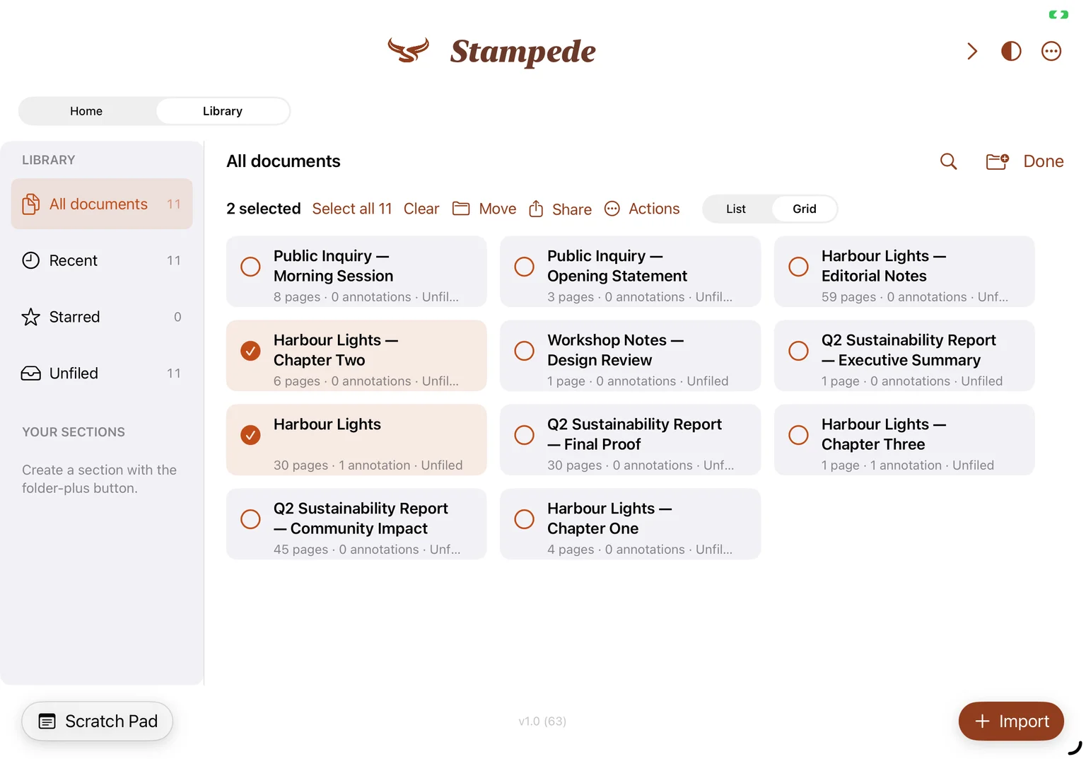 Library with two documents selected and Select all, Clear, Move, Share, and Actions controls