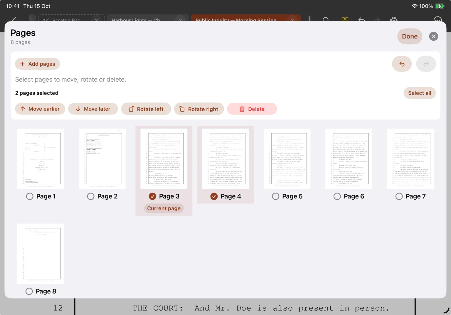 Pages in Organise mode with pages 3 and 4 selected, page 3 marked Current page, and controls for adding, moving, rotating, deleting, undoing, and redoing