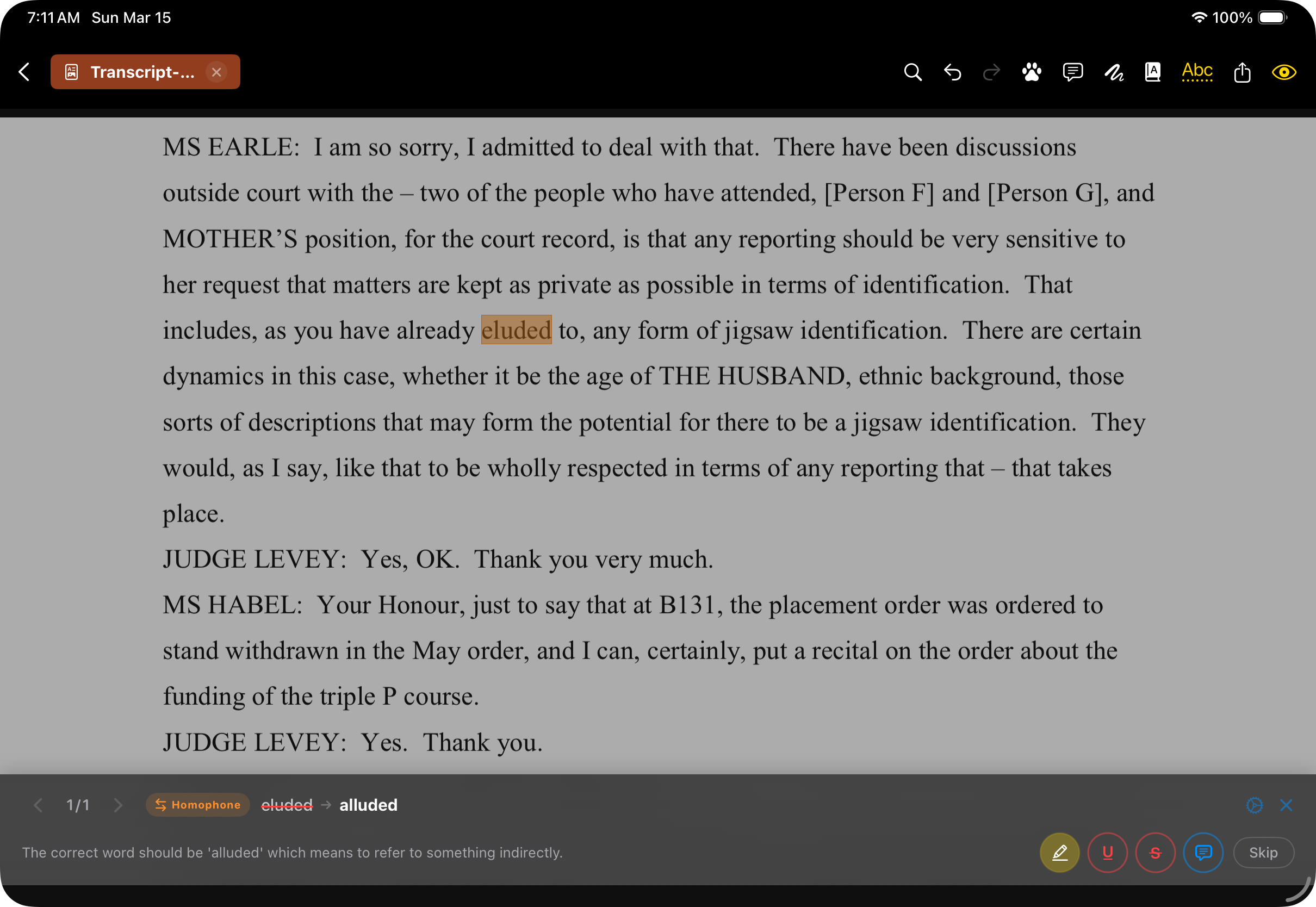 Stampede PDF catching a homophone error in a PDF — 'eluded' flagged as 'alluded'