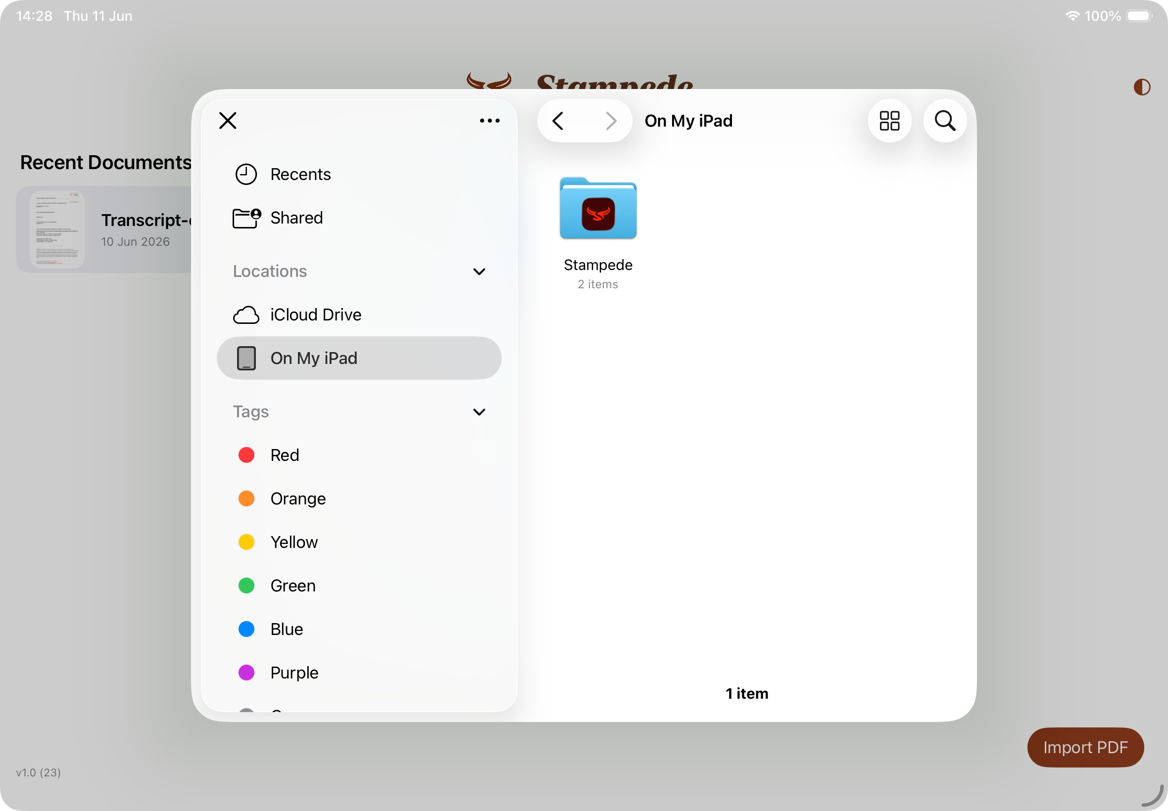 The iOS Files picker open over the Stampede home screen, with iCloud Drive and On My iPad listed under Locations and the Stampede folder shown