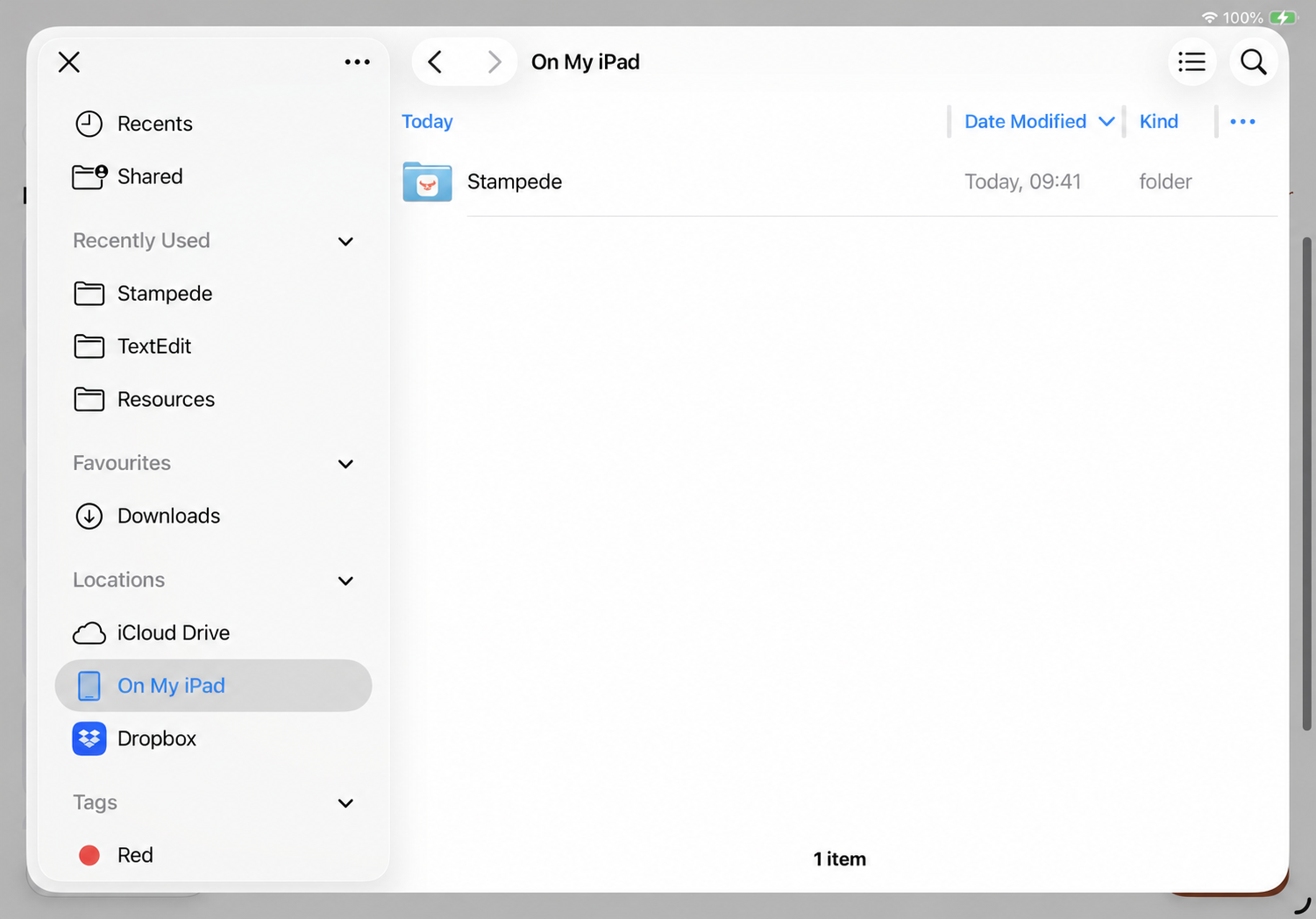 The iOS Files picker with On My iPad selected and the Stampede folder showing the light app icon