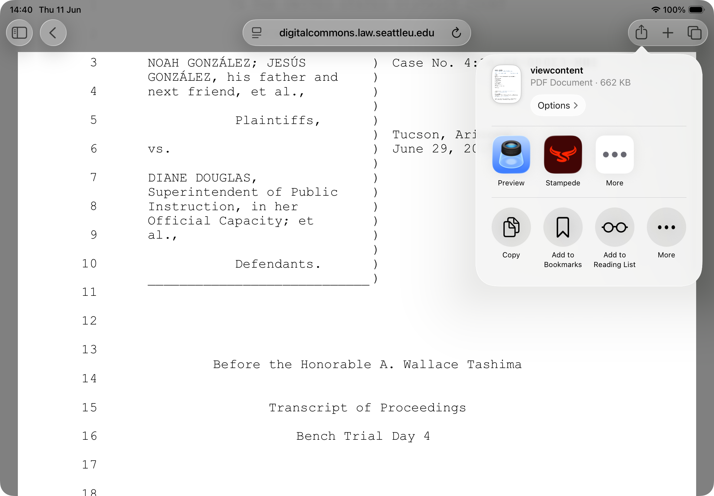 A PDF open in Safari with the iOS share sheet showing Stampede in the app row alongside Preview and More