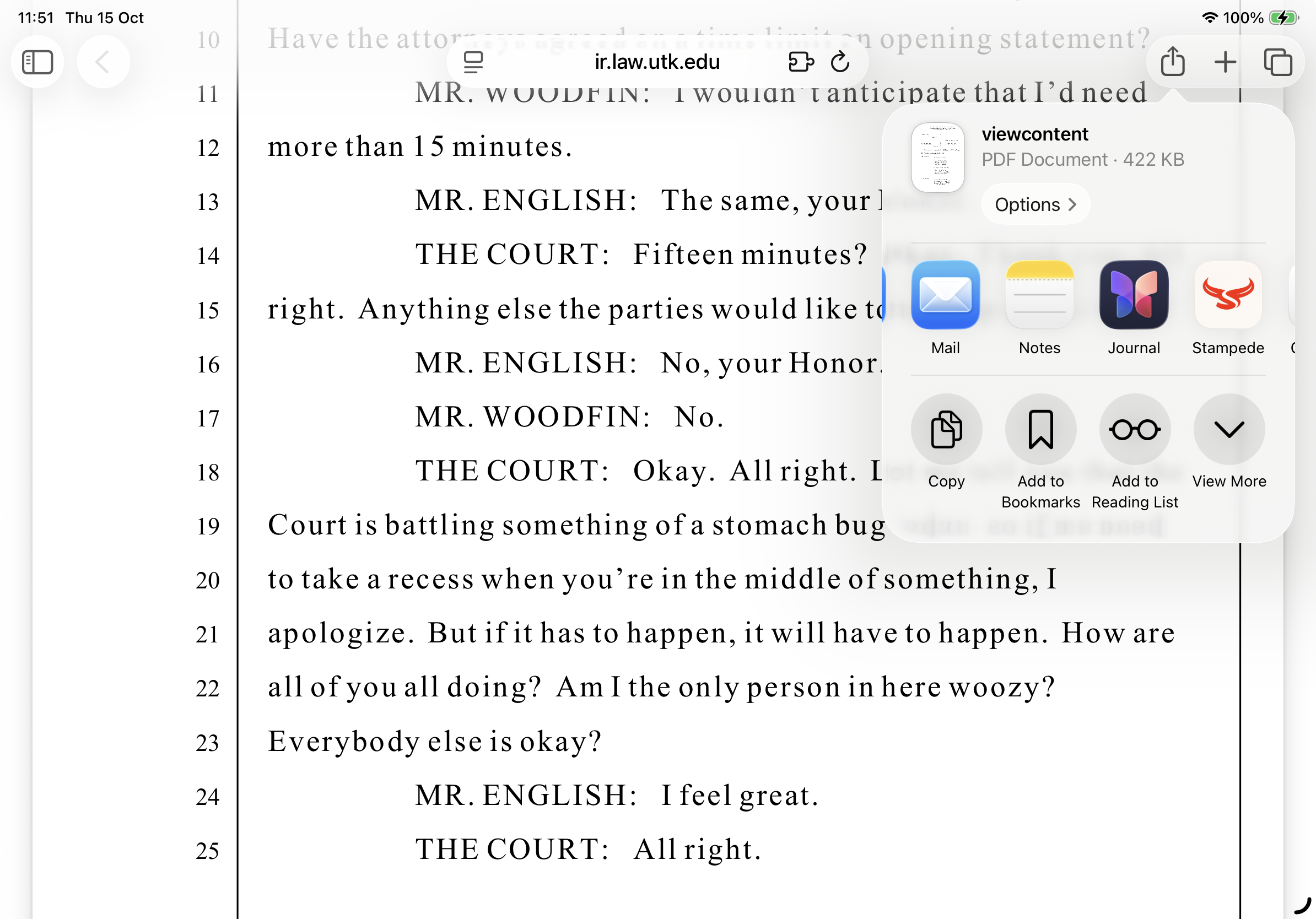 A PDF open in Safari with the iOS share sheet showing Stampede’s light app icon beside Mail, Notes, and Journal