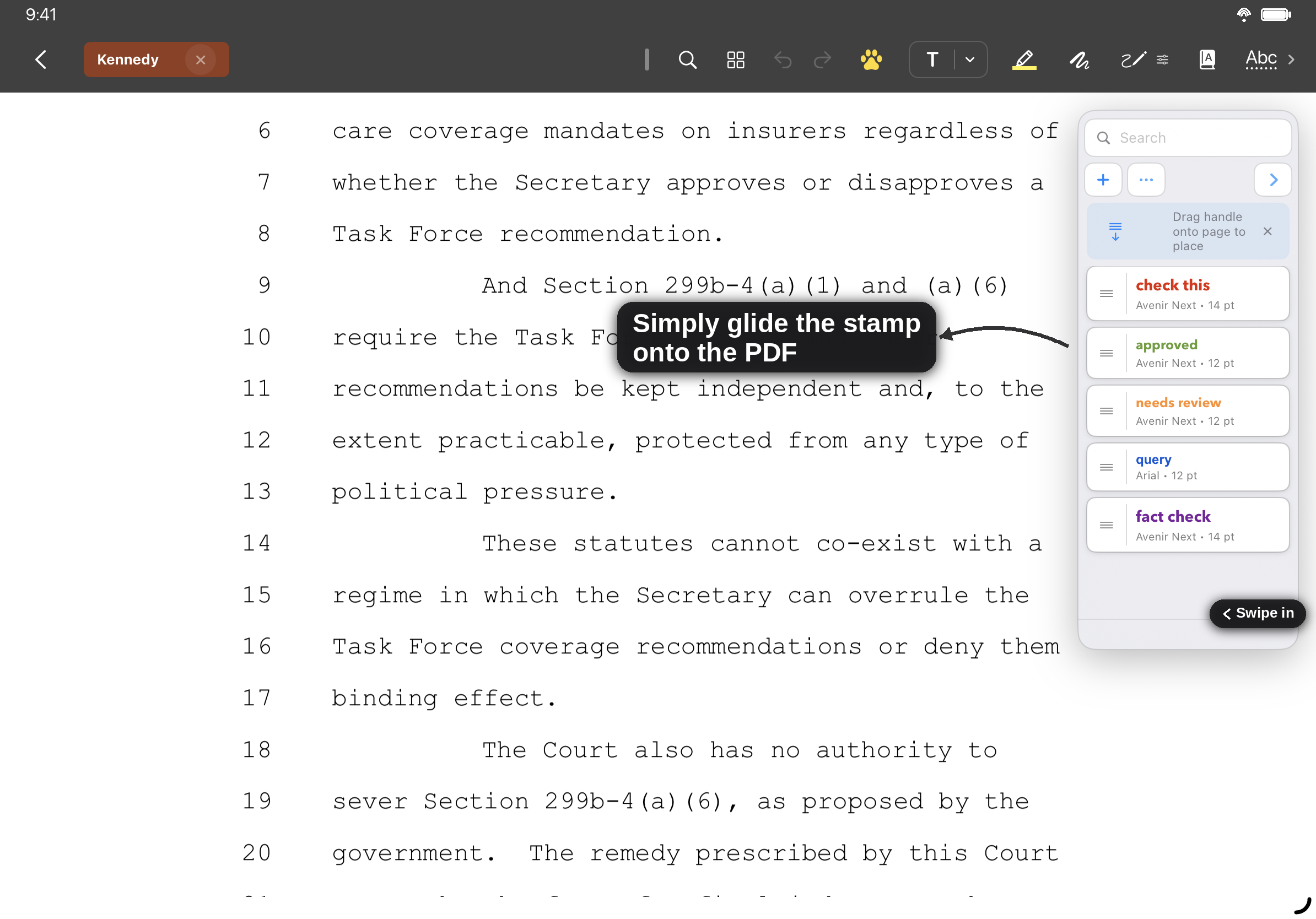 The stamp sidebar gliding in from the right edge over a Kennedy proof.