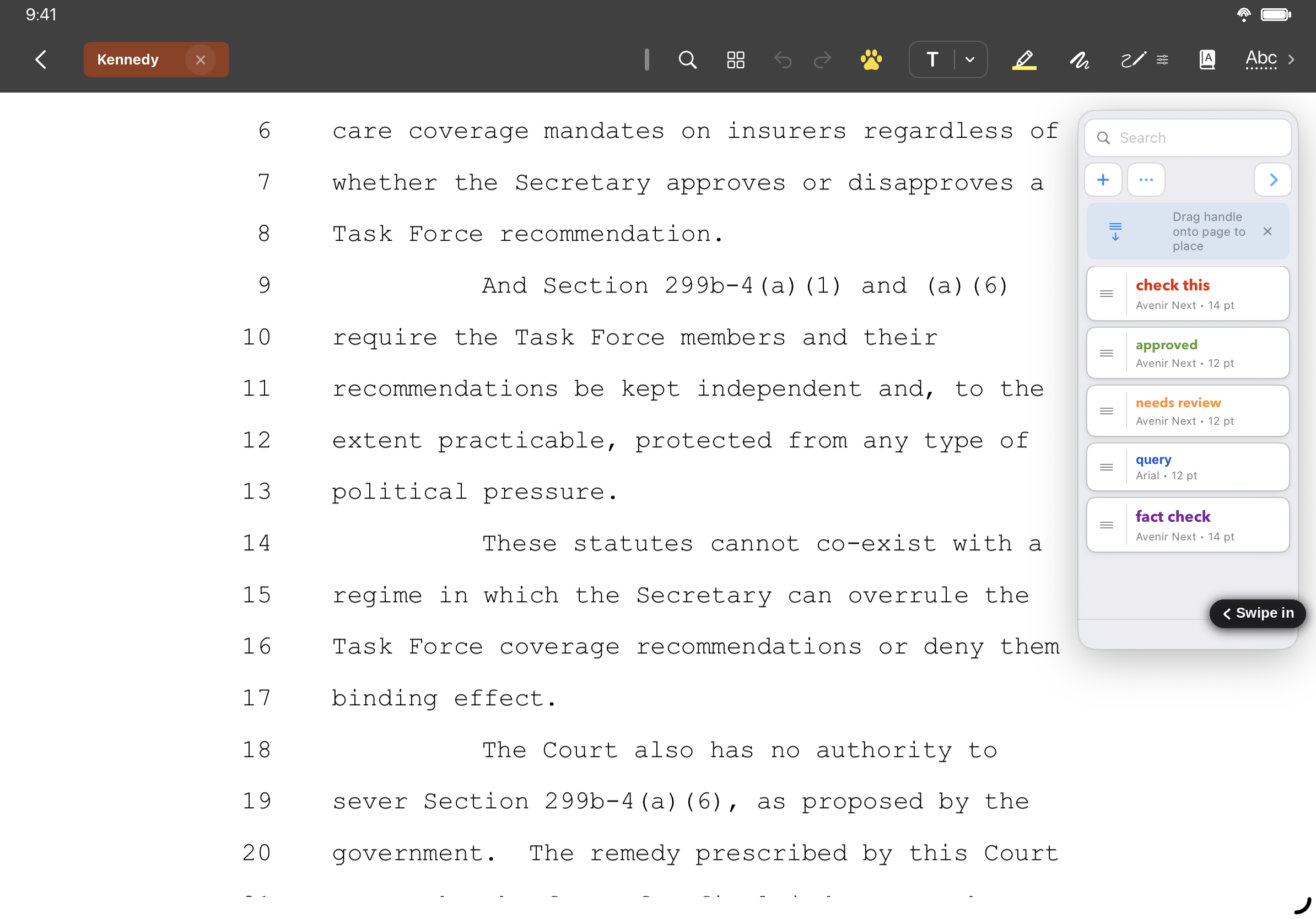 Stamp sidebar open beside a proof with stamps ready to drag